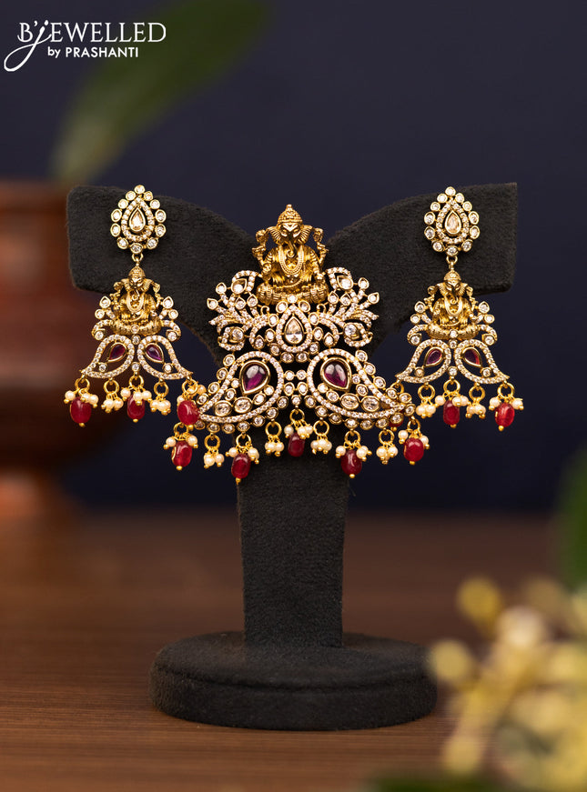 Pendant sets ganesha design with ruby & cz stones and pearl & beads hangings in victorian finish