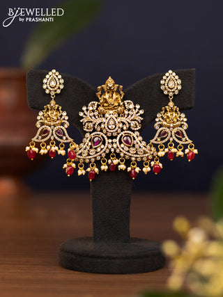 Pendant sets ganesha design with ruby & cz stones and pearl & beads hangings in victorian finish