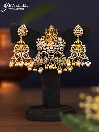 Pendant sets ganesha design with purple & cz stones and pearl hangings in victorian finish