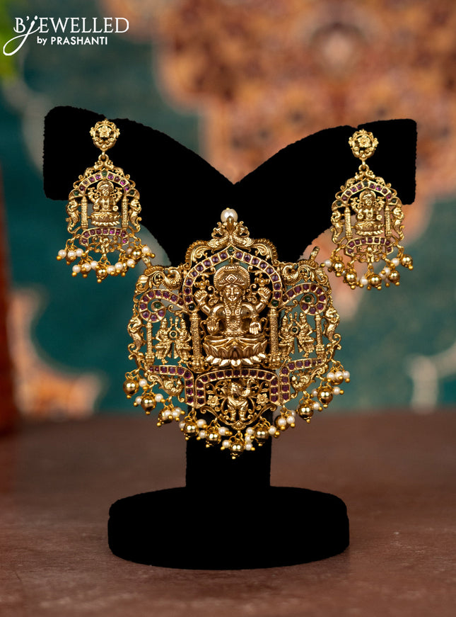Antique pendant sets lakshmi design with kemp stones and pearl & golden beads hangings
