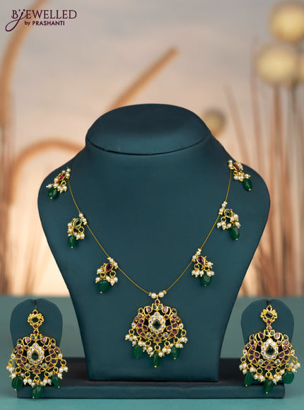 Invisible chain with kemp & cz stones and pearl & green beads hangings