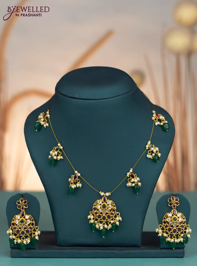 Invisible chain with kemp & cz stones and pearl & green beads hangings