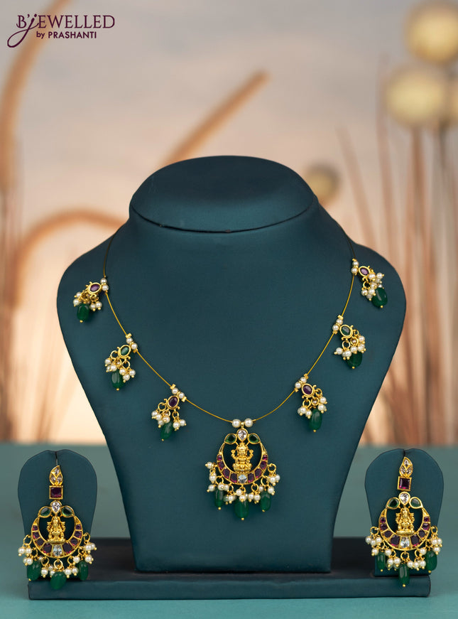 Invisible chain lakshmi design with kemp & cz stones and pearl & green beads hangings