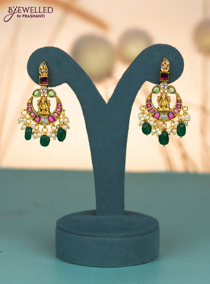 Invisible chain lakshmi design with kemp & cz stones and pearl & green beads hangings