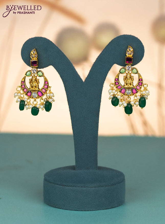 Invisible chain lakshmi design with kemp & cz stones and pearl & green beads hangings