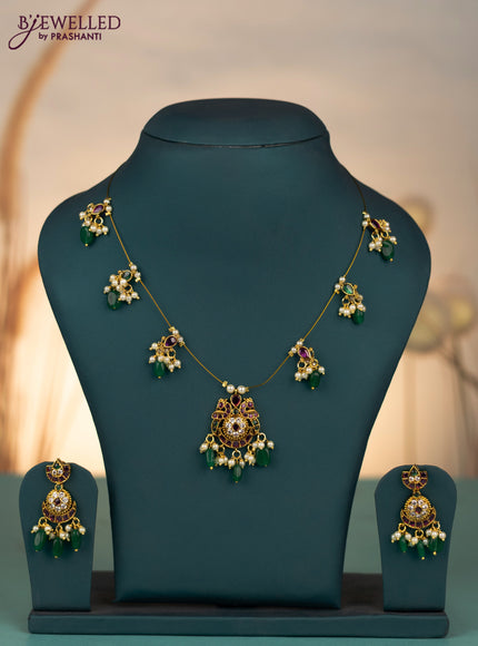 Invisible chain with kemp & cz stones and pearl & green beads hangings