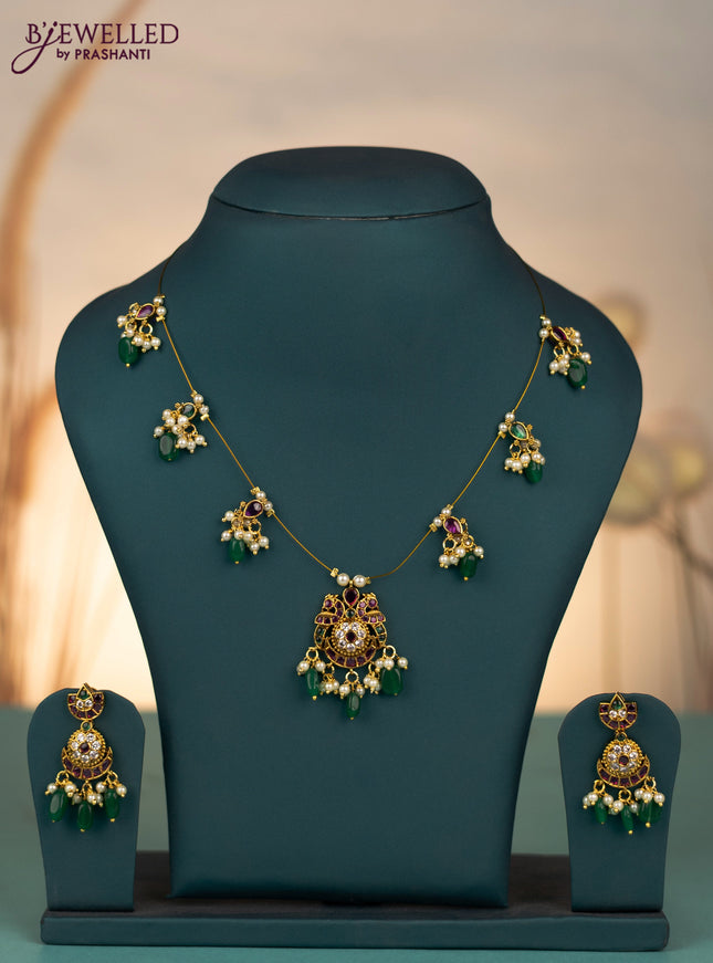 Invisible chain with kemp & cz stones and pearl & green beads hangings