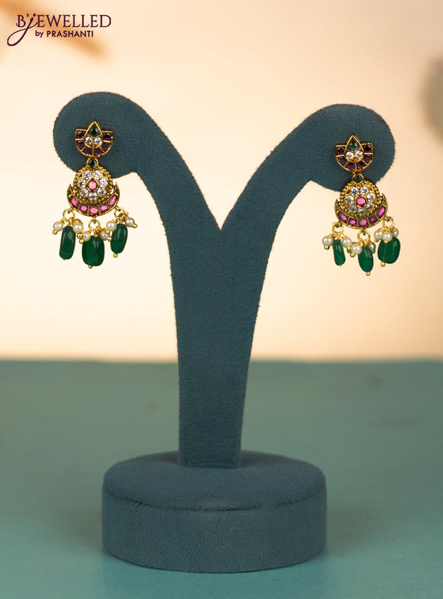 Invisible chain with kemp & cz stones and pearl & green beads hangings