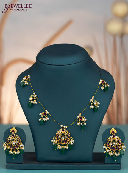 Invisible chain with kemp & cz stones and pearl & green beads hangings