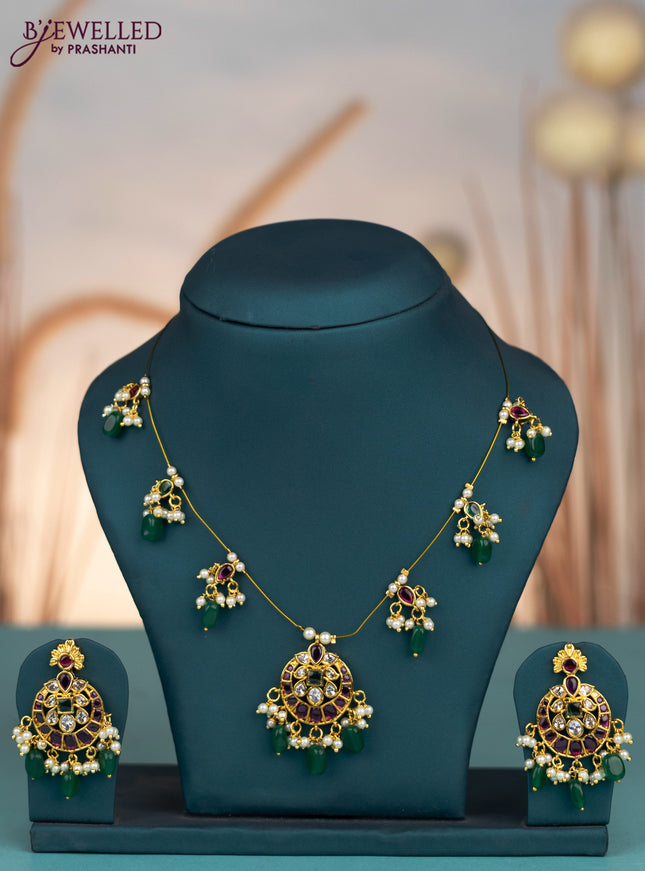 Invisible chain with kemp & cz stones and pearl & green beads hangings