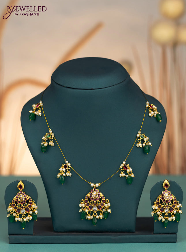 Invisible chain with kemp & cz stones and pearl & green beads hangings