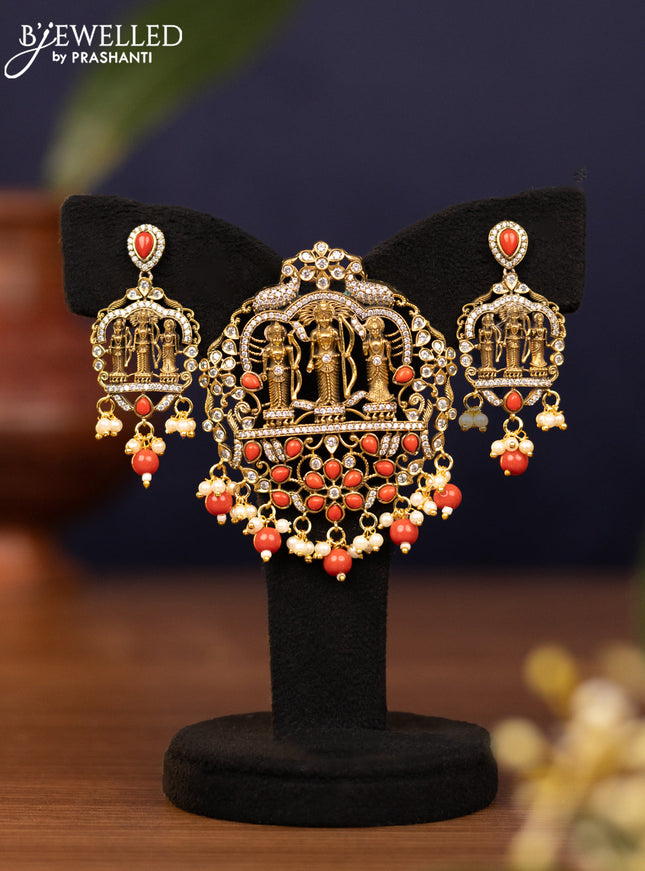 Pendant set ramdarbar design with pavalam & cz stones and pearl & beads hangings in victorian finish