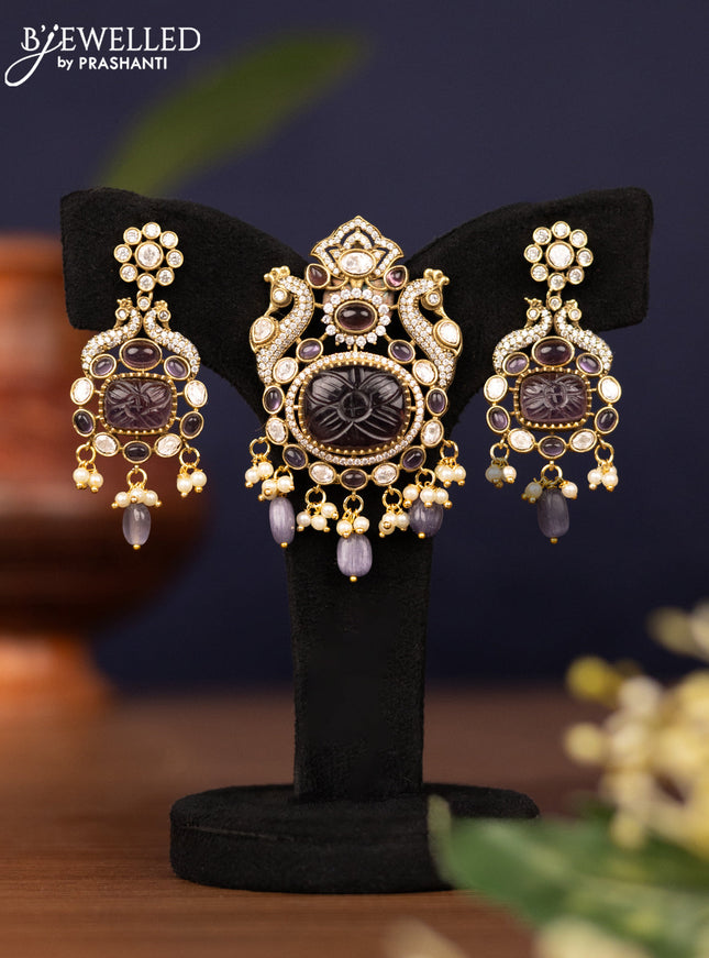 Pendant set peacock design with violet & cz stones and pearl & beads hangings in victorian finish
