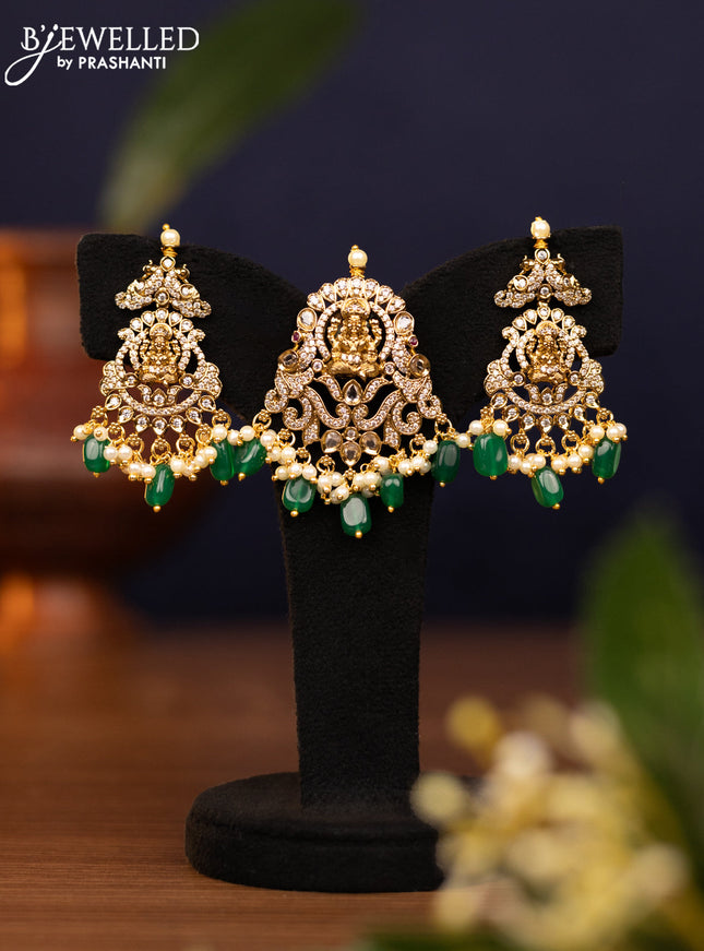 Pendant set lakshmi design with cz stones and pearl & beads hangings in victorian finish
