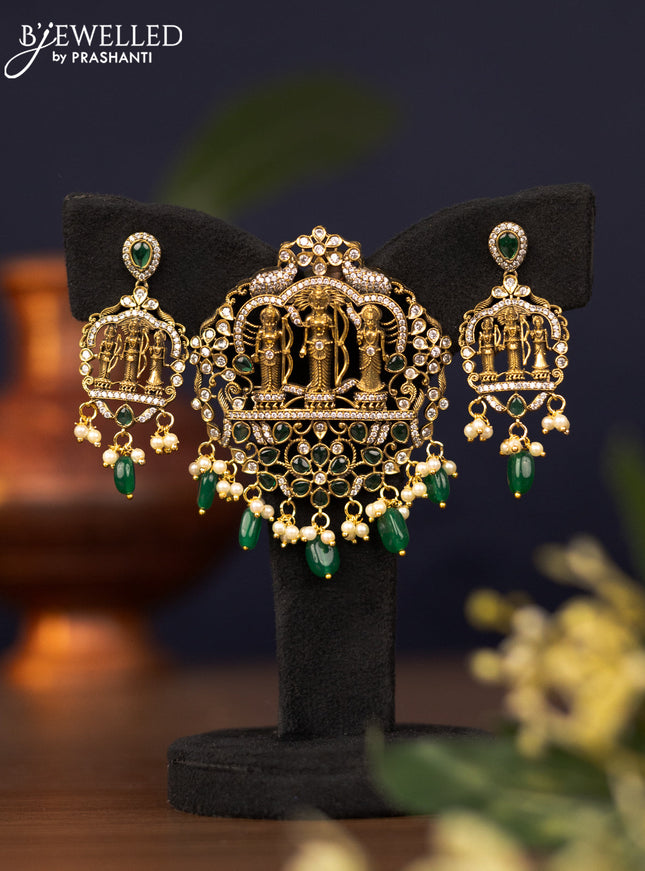 Pendant set ramdarbar design with emerald & cz stones and pearl & beads hangings in victorian finish