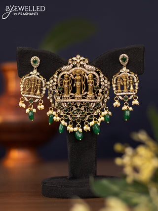 Pendant set ramdarbar design with emerald & cz stones and pearl & beads hangings in victorian finish