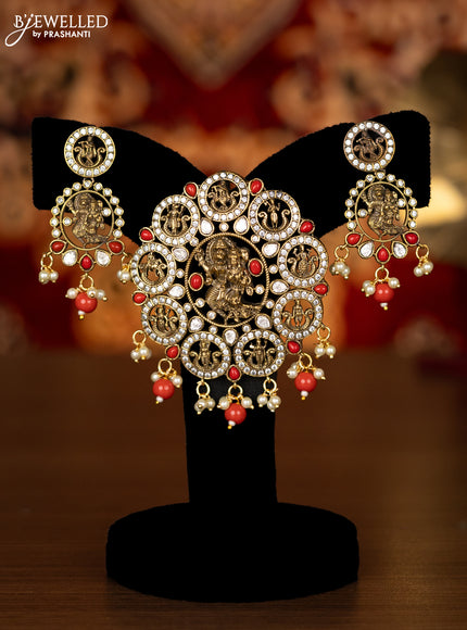 Pendant set narasimhar design with kundan & cz stones and pearl & pavalam beads hangings in victorian finish