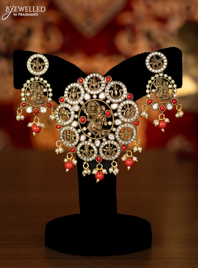 Pendant set narasimhar design with kundan & cz stones and pearl & pavalam beads hangings in victorian finish