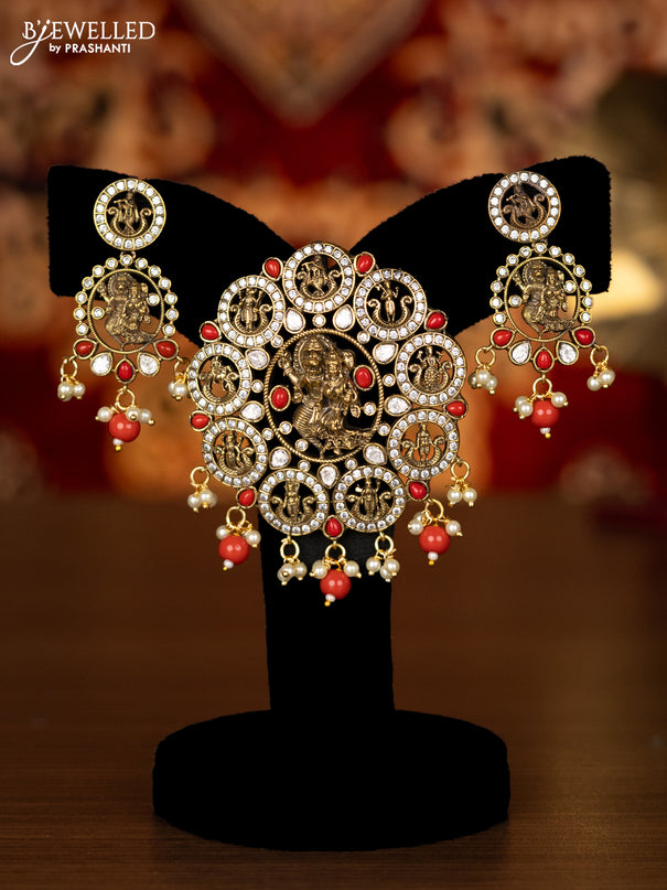 Pendant set narasimhar design with kundan & cz stones and pearl & pavalam beads hangings in victorian finish