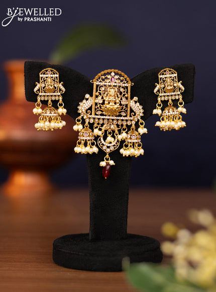 Pendant set lakshmi design with ruby & cz stones and pearl & maroon beads hangings in victorian finish