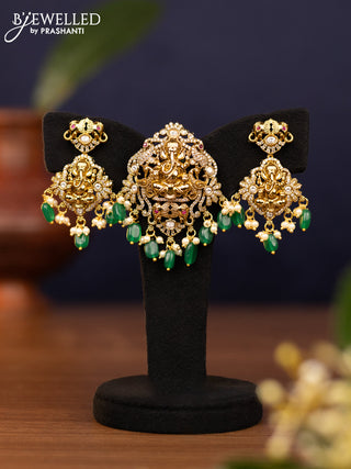Pendant set ganesha design with kundan & cz stones and pearl & green beads hangings in victorian finish