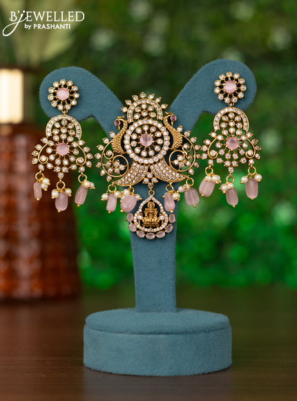 Pendant set peacock design with baby pink & cz stones and pearl & beads hangings in victorian finish