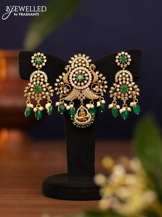 Pendant set peacock design with emerald & cz stones and pearl & beads hangings in victorian finish