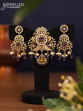Pendant set peacock design with violet & cz stones and pearl & beads hangings in victorian finish