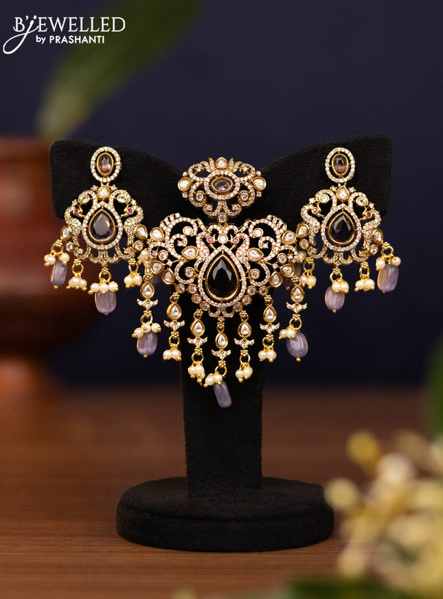 Pendant set with violet & cz stones and pearl & beads hangings in victorian finish