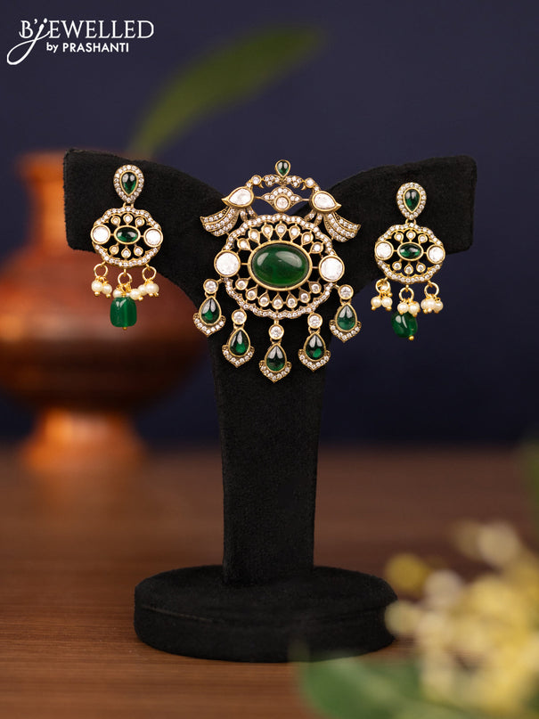 Pendant set peacock design with emerald & kundan cz stones and pearl & green beads hangings in victorian finish