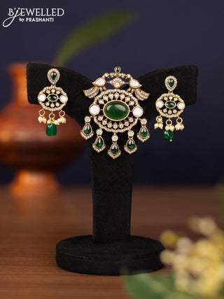 Pendant set peacock design with emerald & kundan cz stones and pearl & green beads hangings in victorian finish