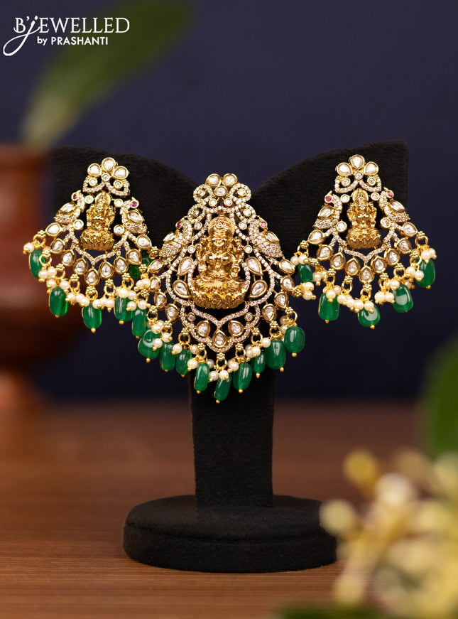 Pendant set lakshmi design with kundan & cz stones and pearl & green beads hangings in victorian finish