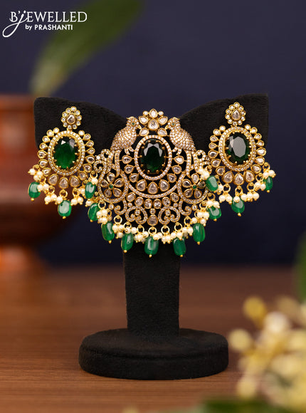 Pendant set parrot design with emerald & cz stones and pearl & green beads hangings in victorian finish