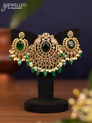 Pendant set parrot design with emerald & cz stones and pearl & green beads hangings in victorian finish