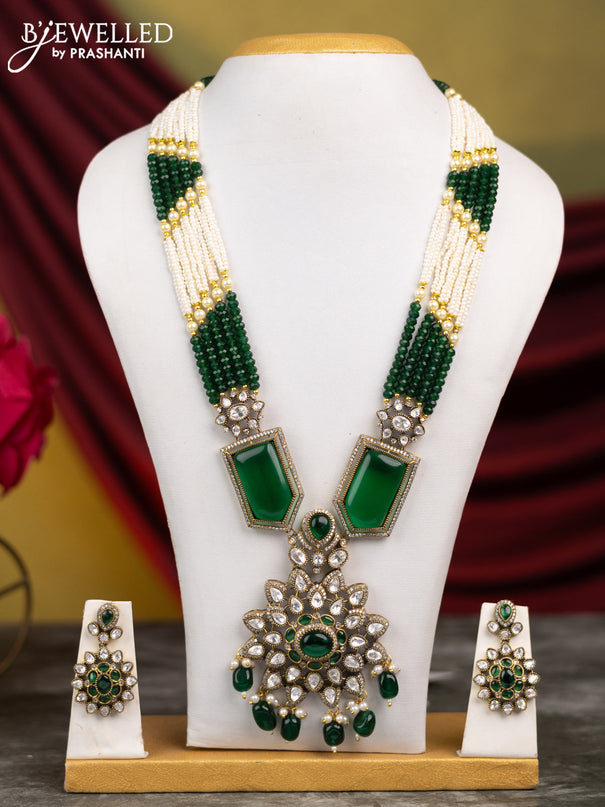 Beaded green necklace with emerald & kundan stones and pearl & green beads hangings in victorian finish
