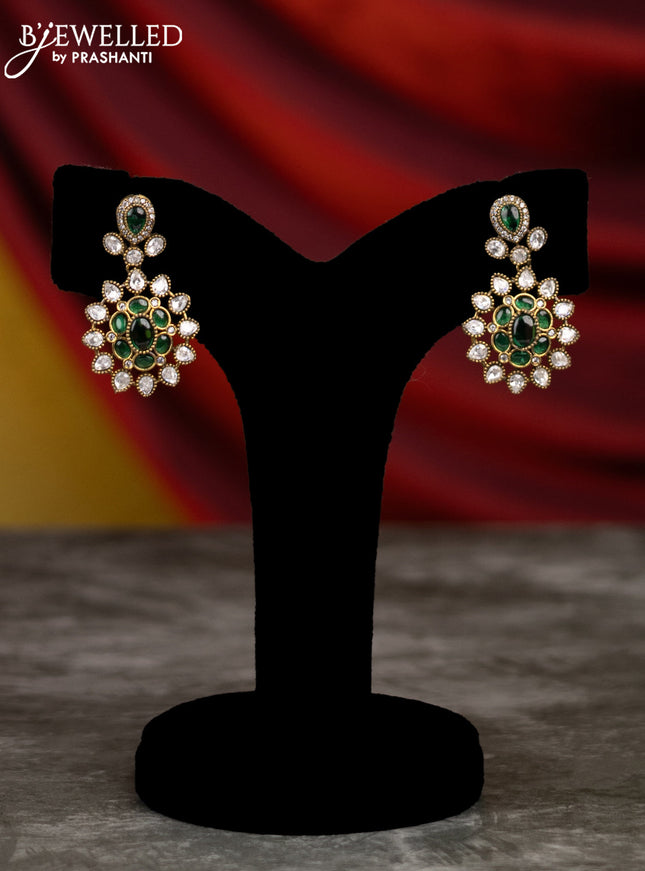 Beaded green necklace with emerald & kundan stones and pearl & green beads hangings in victorian finish