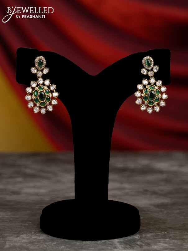 Beaded green necklace with emerald & kundan stones and pearl & green beads hangings in victorian finish