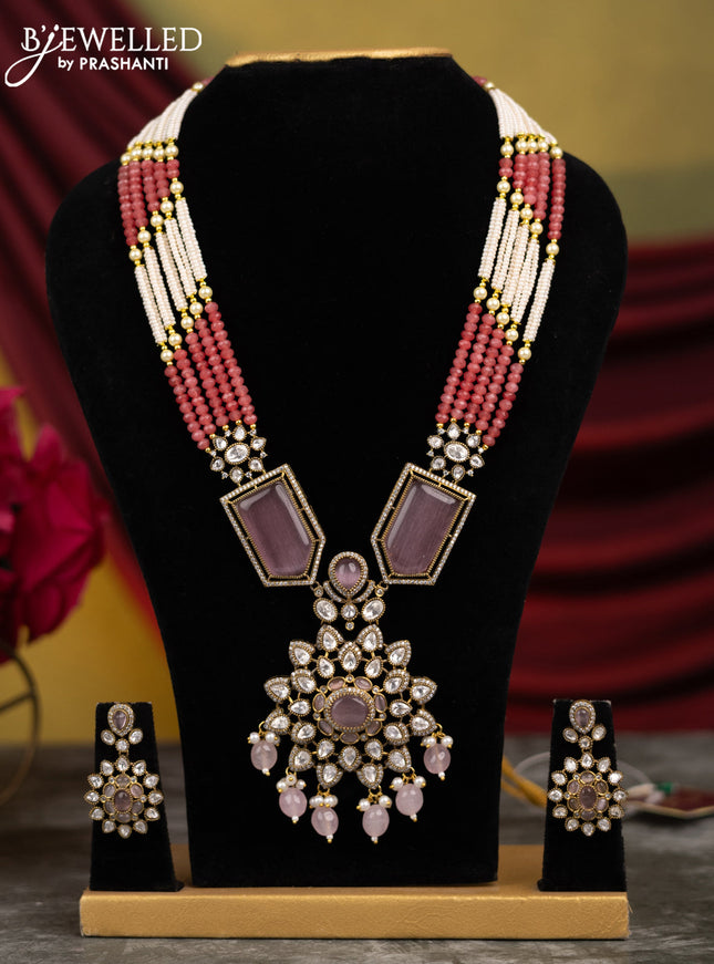 Beaded pink necklace with baby pink & kundan stones and pearl & beads hangings in victorian finish