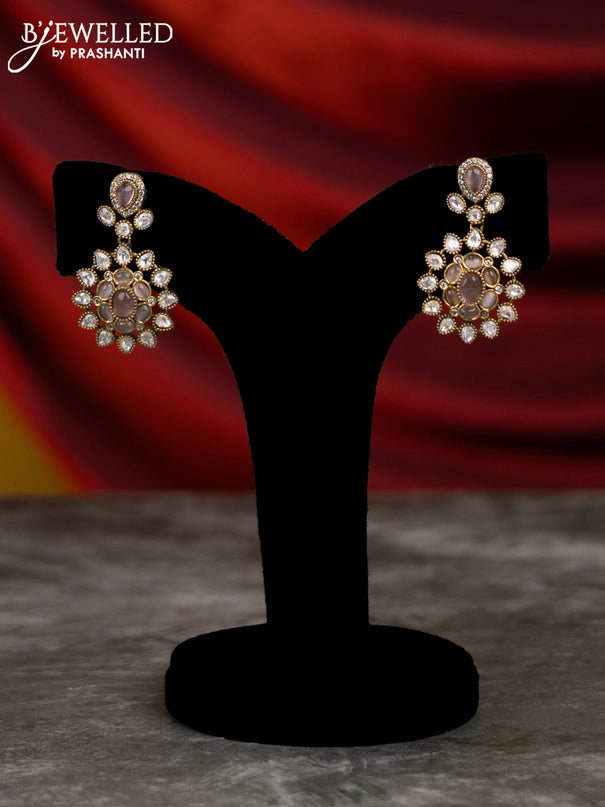 Beaded pink necklace with baby pink & kundan stones and pearl & beads hangings in victorian finish