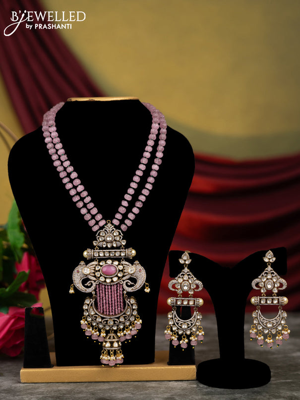 Pumpkin beaded baby pink necklace elephant design with kundan & cz stones and pearl & beads hangings in victorian finish