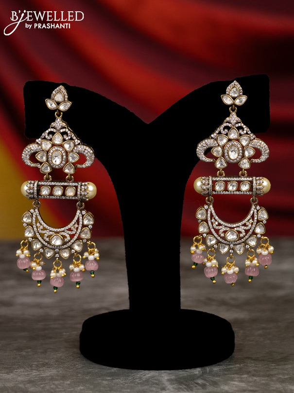 Pumpkin beaded baby pink necklace elephant design with kundan & cz stones and pearl & beads hangings in victorian finish