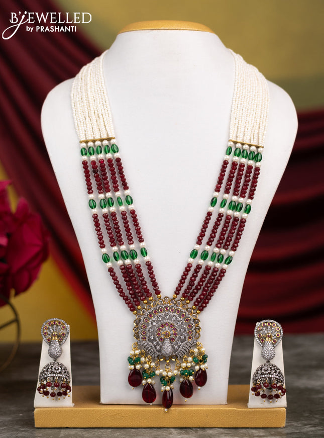 Beaded maroon necklace with ruby & cz stones and pearl & beads hangings in victorian finish