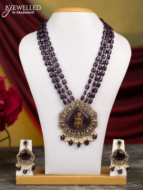 Beaded triple layer purple necklace lakshmi design with cz stones and pearl & beads hangings in victorian finish