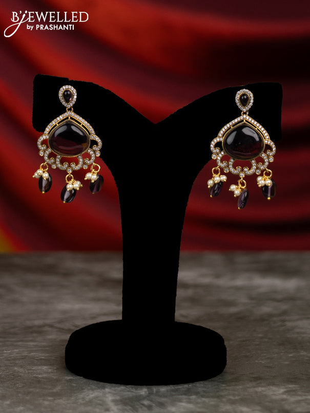 Beaded triple layer purple necklace lakshmi design with cz stones and pearl & beads hangings in victorian finish