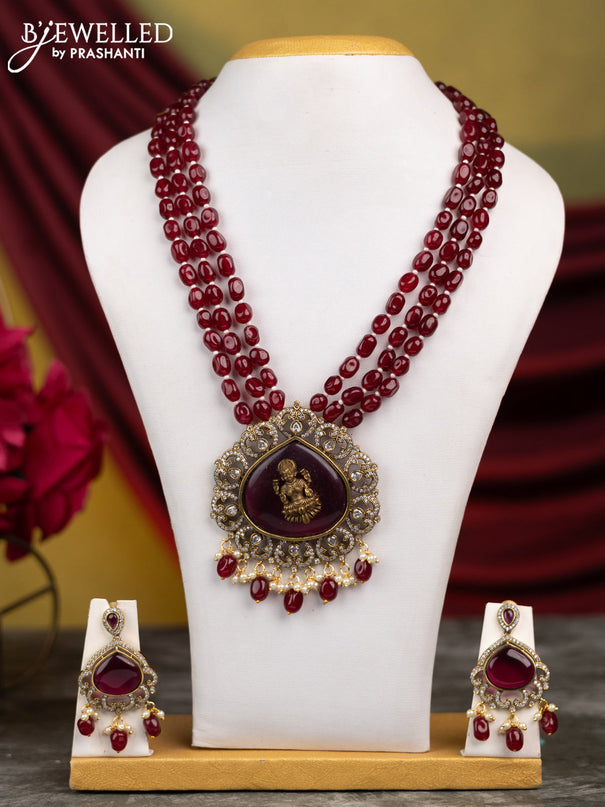 Beaded triple layer maroon necklace lakshmi design with ruby & cz stones and pearl & beads hangings in victorian finish