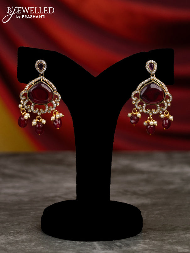 Beaded triple layer maroon necklace lakshmi design with ruby & cz stones and pearl & beads hangings in victorian finish