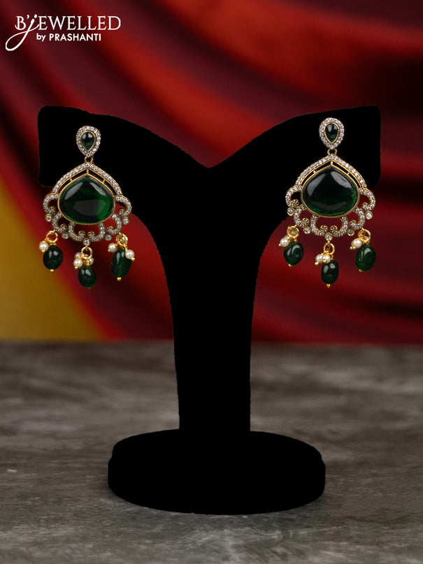 Beaded triple layer green necklace lakshmi design with emerald & cz stones and pearl & beads hangings in victorian finish
