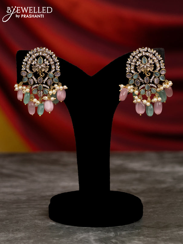 Beaded baby pink & mint green necklace with cz stones and pearl & beads hangings in victorian finish