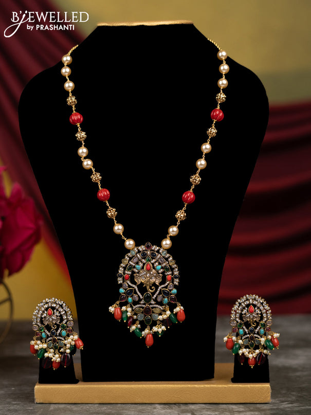 Beaded pavalam necklace with multicolour & cz stones and pearl & beads hangings in victorian finish