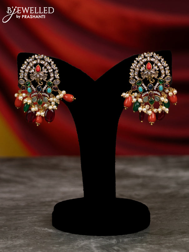 Beaded pavalam necklace with multicolour & cz stones and pearl & beads hangings in victorian finish